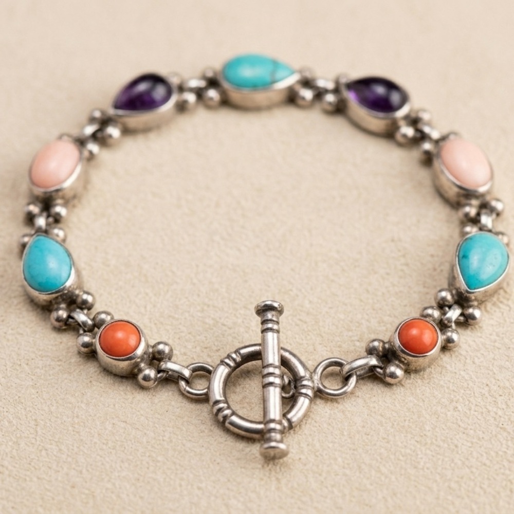 Sterling Silver SH Multi Stone Toggle Bracelet Turquoise Coral Amethyst Artisan